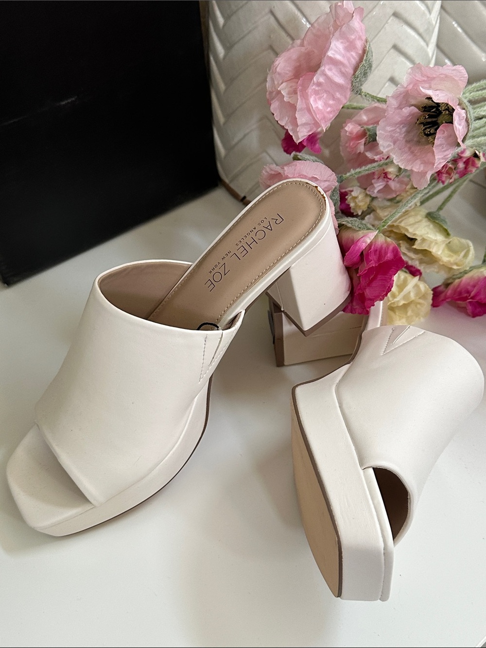 Rachel Zoe Cream Open-Toe Block Heel Mules